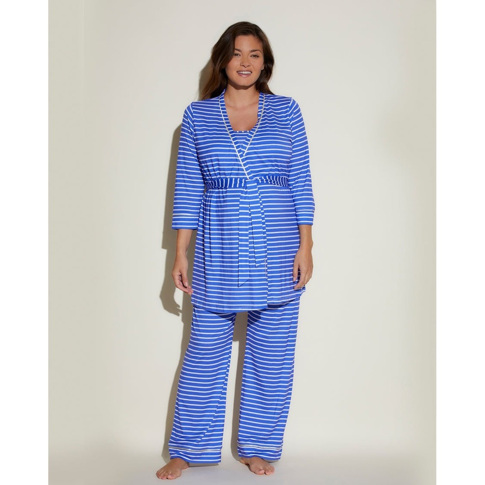 Cosabella Bella Maternity 3 Piece Pajama Set Blue White Stripe Pima Cotton Small